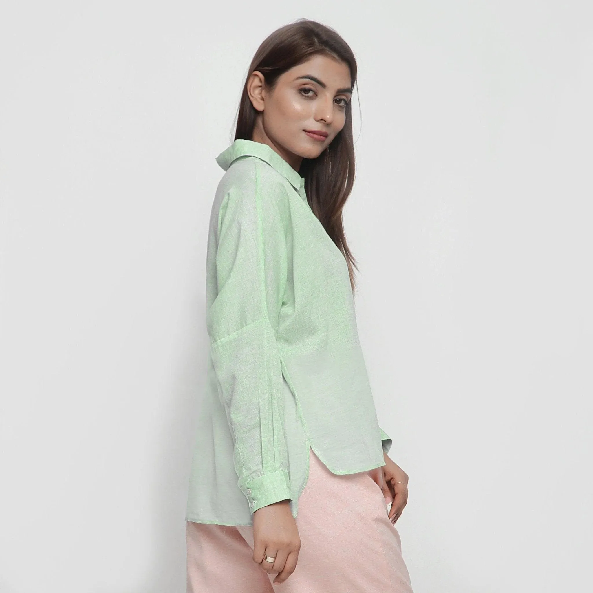 Mint Green Cotton Regular Collar High-Low Shirt