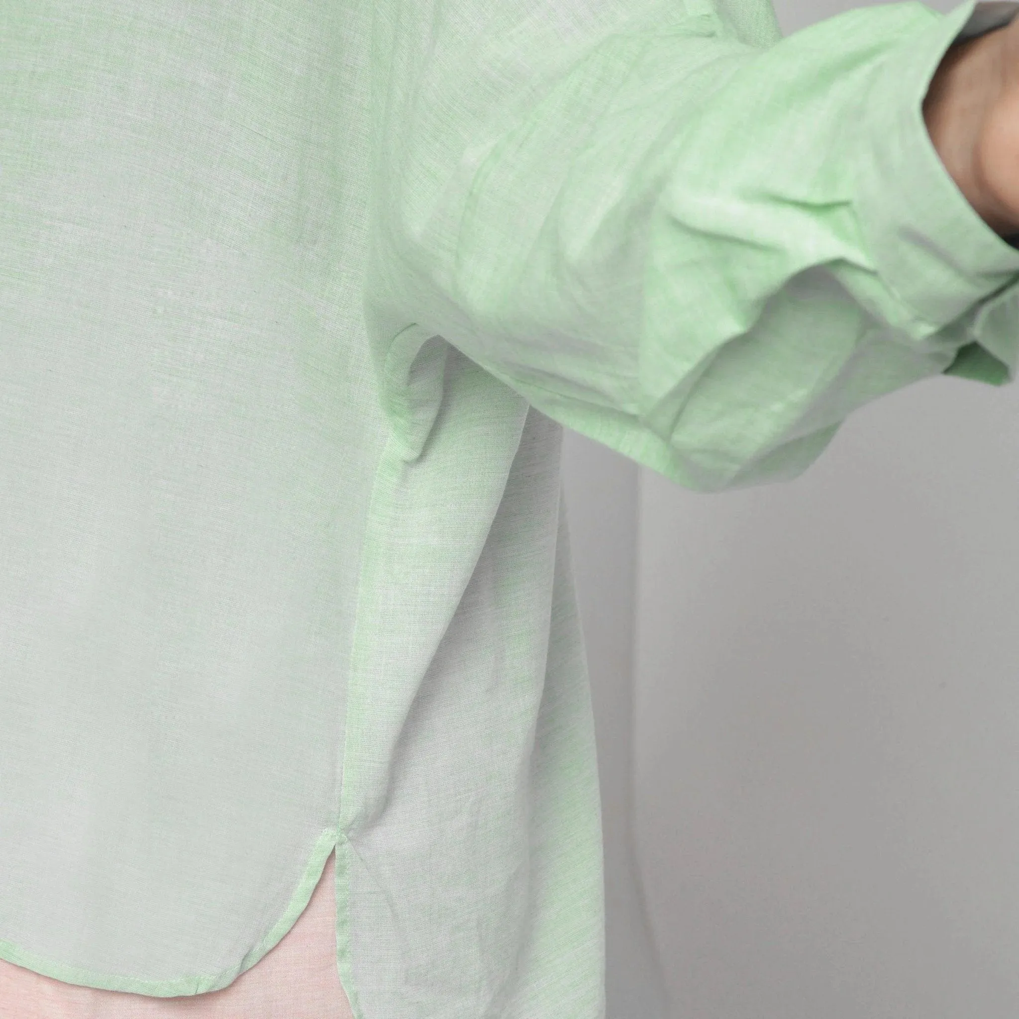 Mint Green Cotton Regular Collar High-Low Shirt