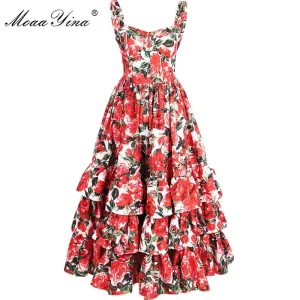 MoaaYina Fashion Designer Runway Ball Gown Dress Summer Women Spaghetti strap Backless Floral Print Cascading Ruffle Beach Dress