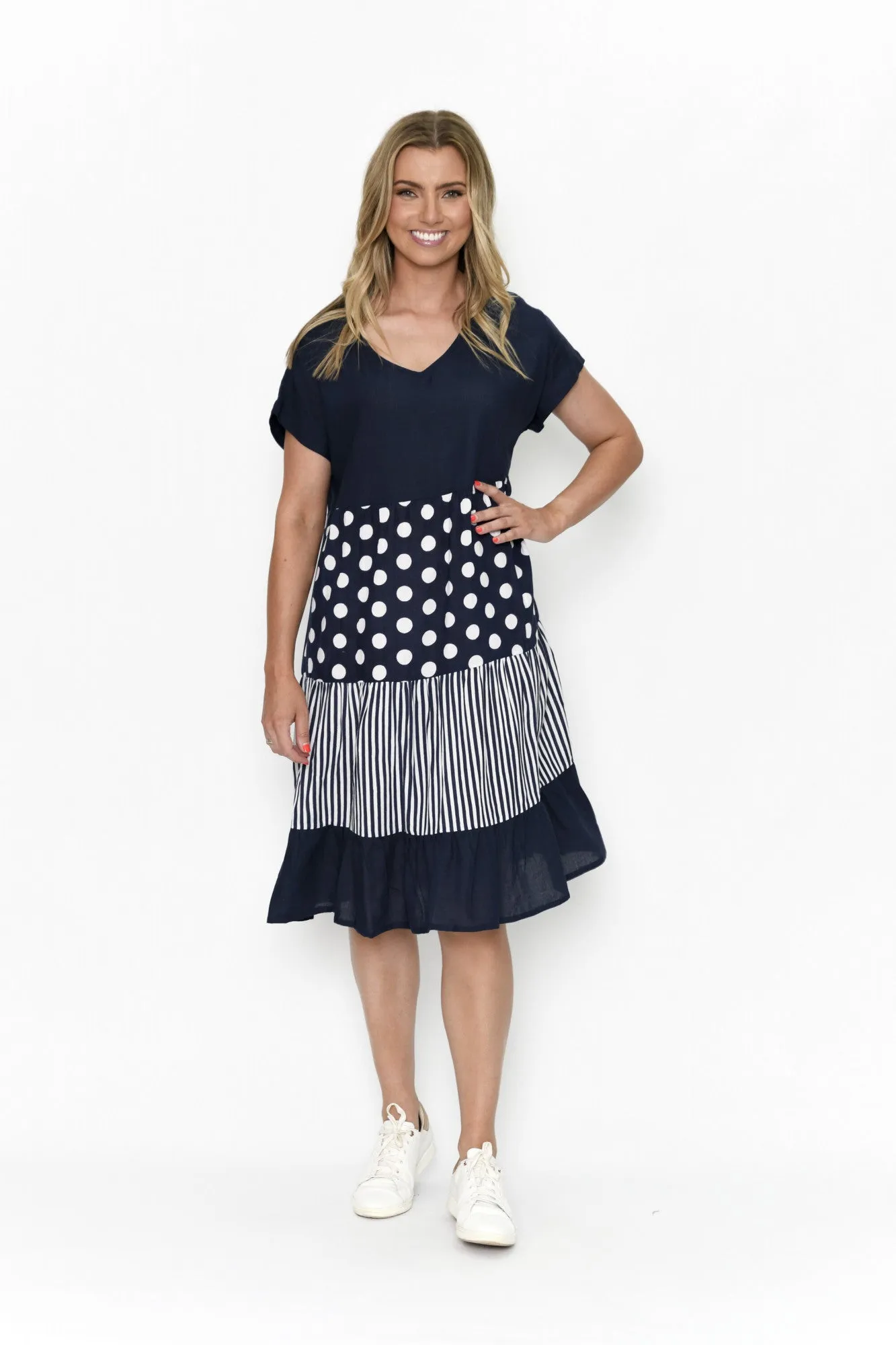 One Summer Nadia Linen Stipe/Dot Tiered Midi Blue 10
