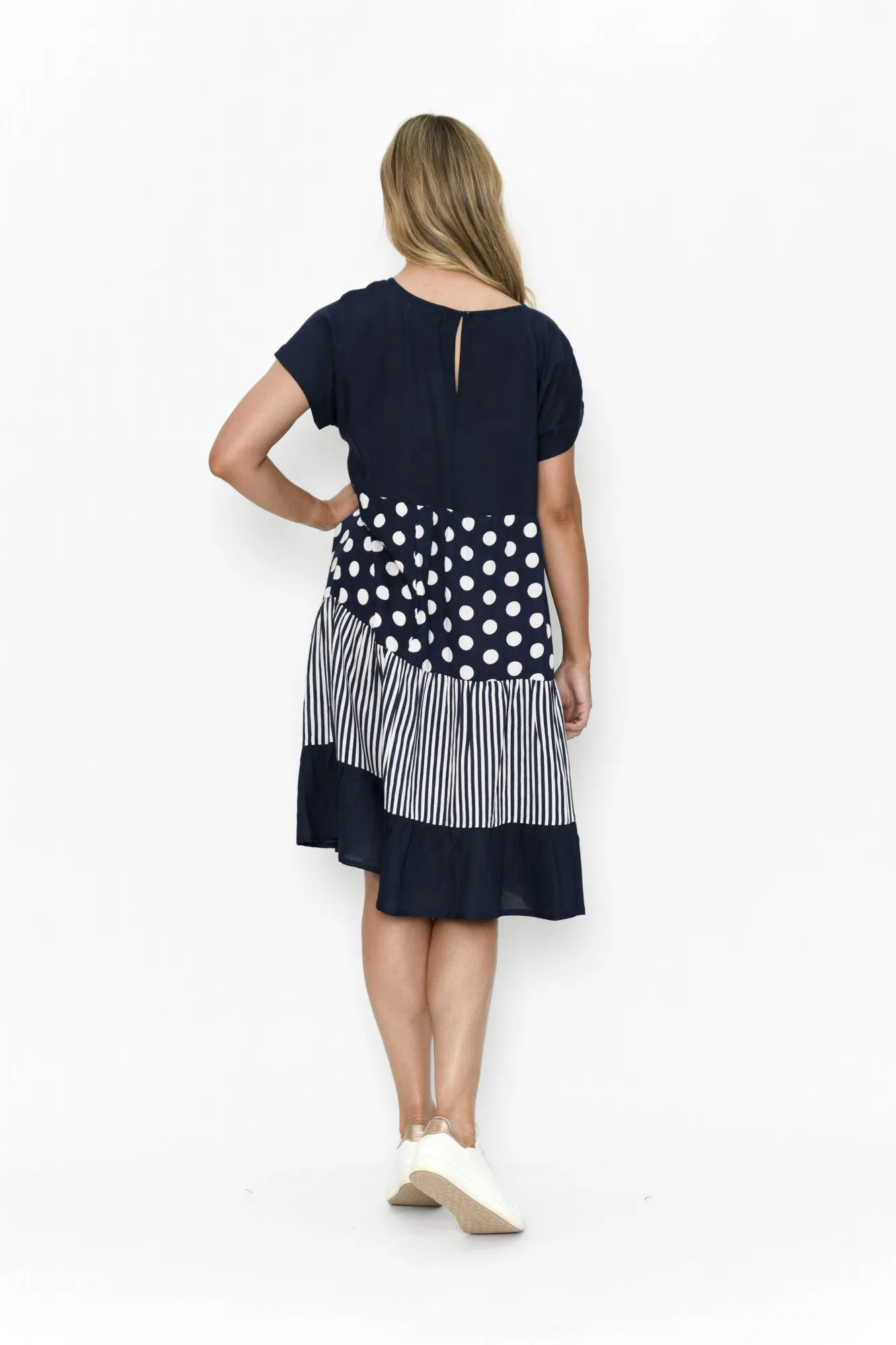 One Summer Nadia Linen Stipe/Dot Tiered Midi Blue 10