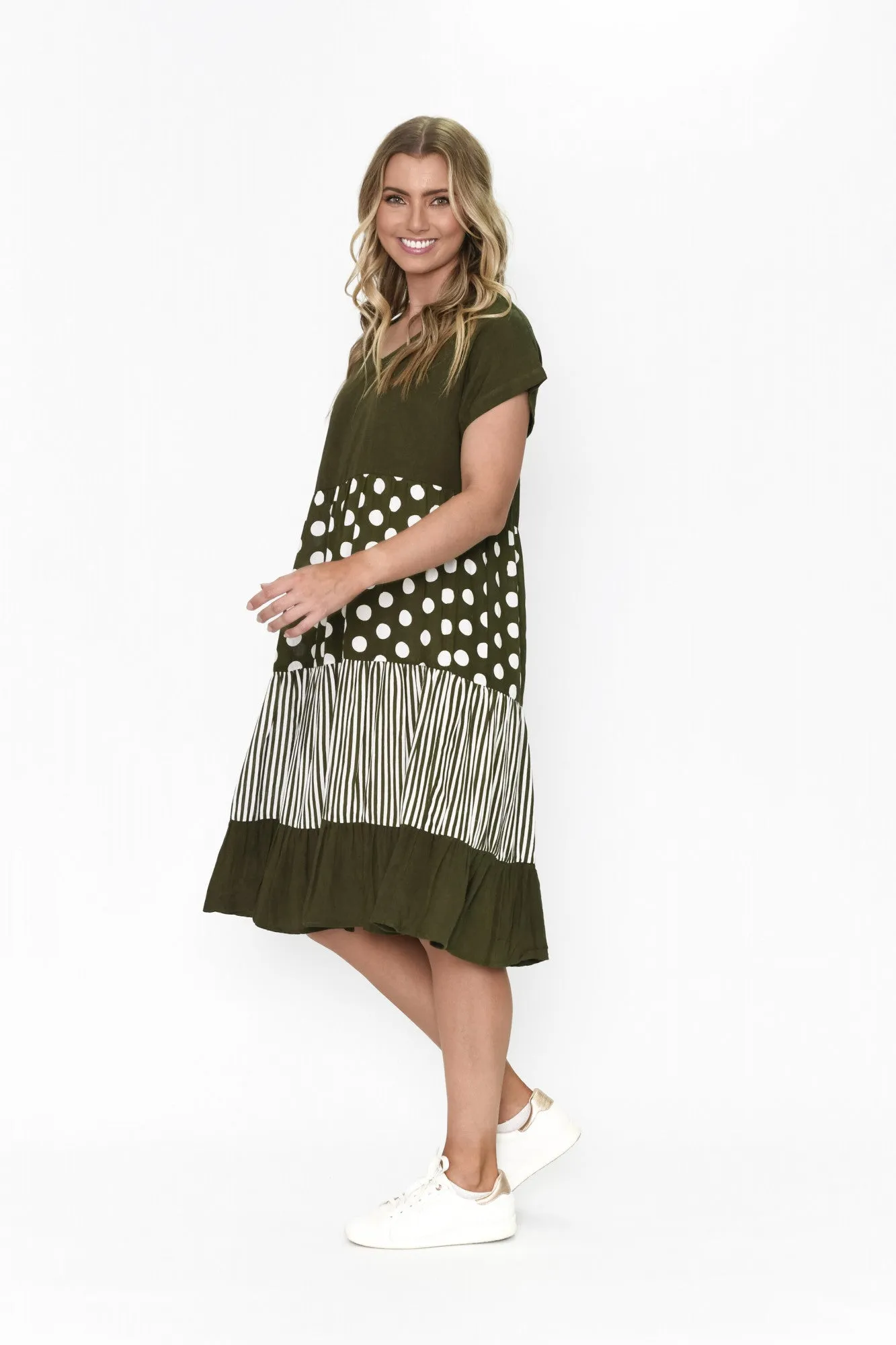 One Summer Nadia Linen Stipe/Dot Tiered Midi Blue 10