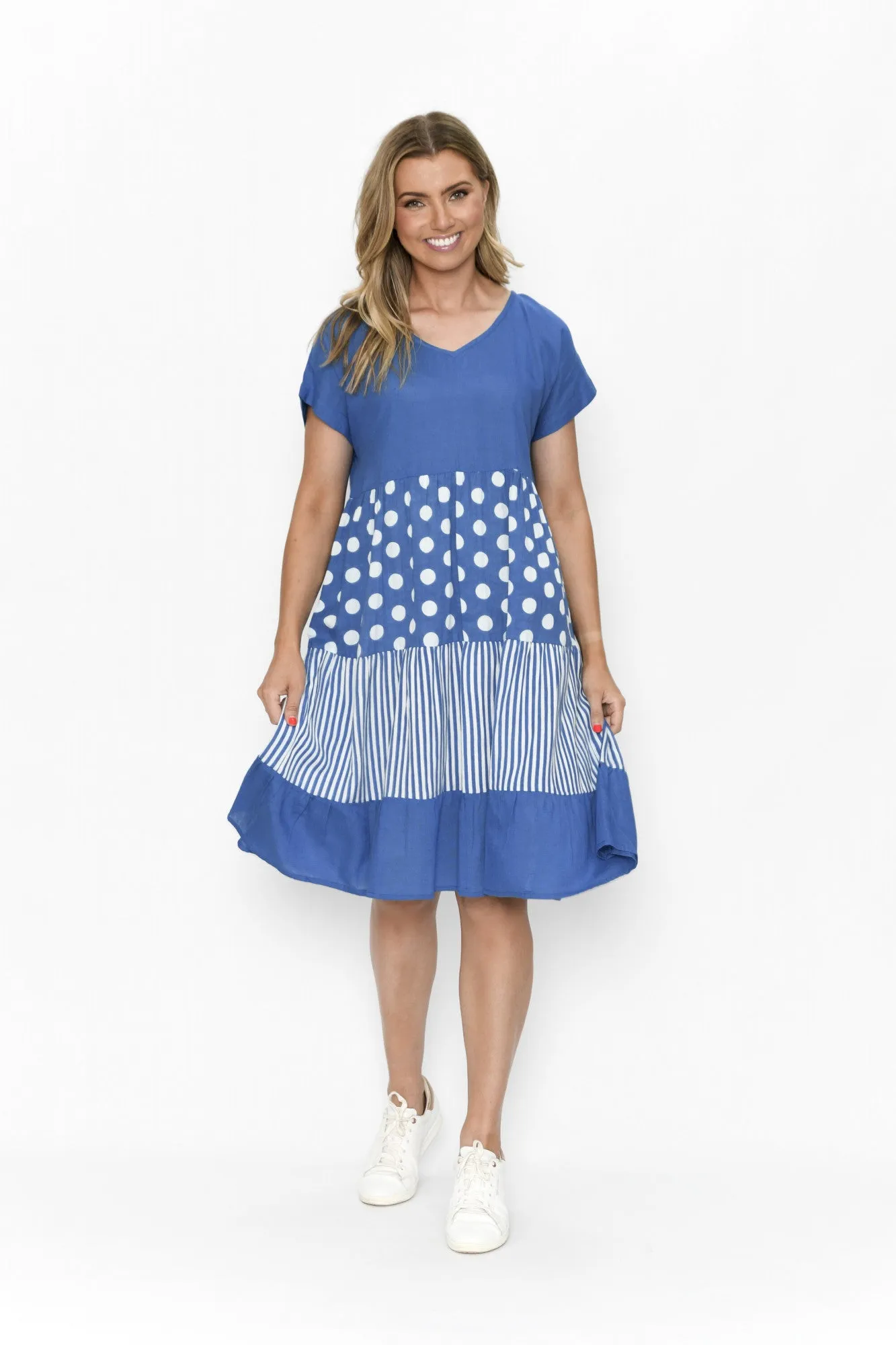 One Summer Nadia Linen Stipe/Dot Tiered Midi Blue 10