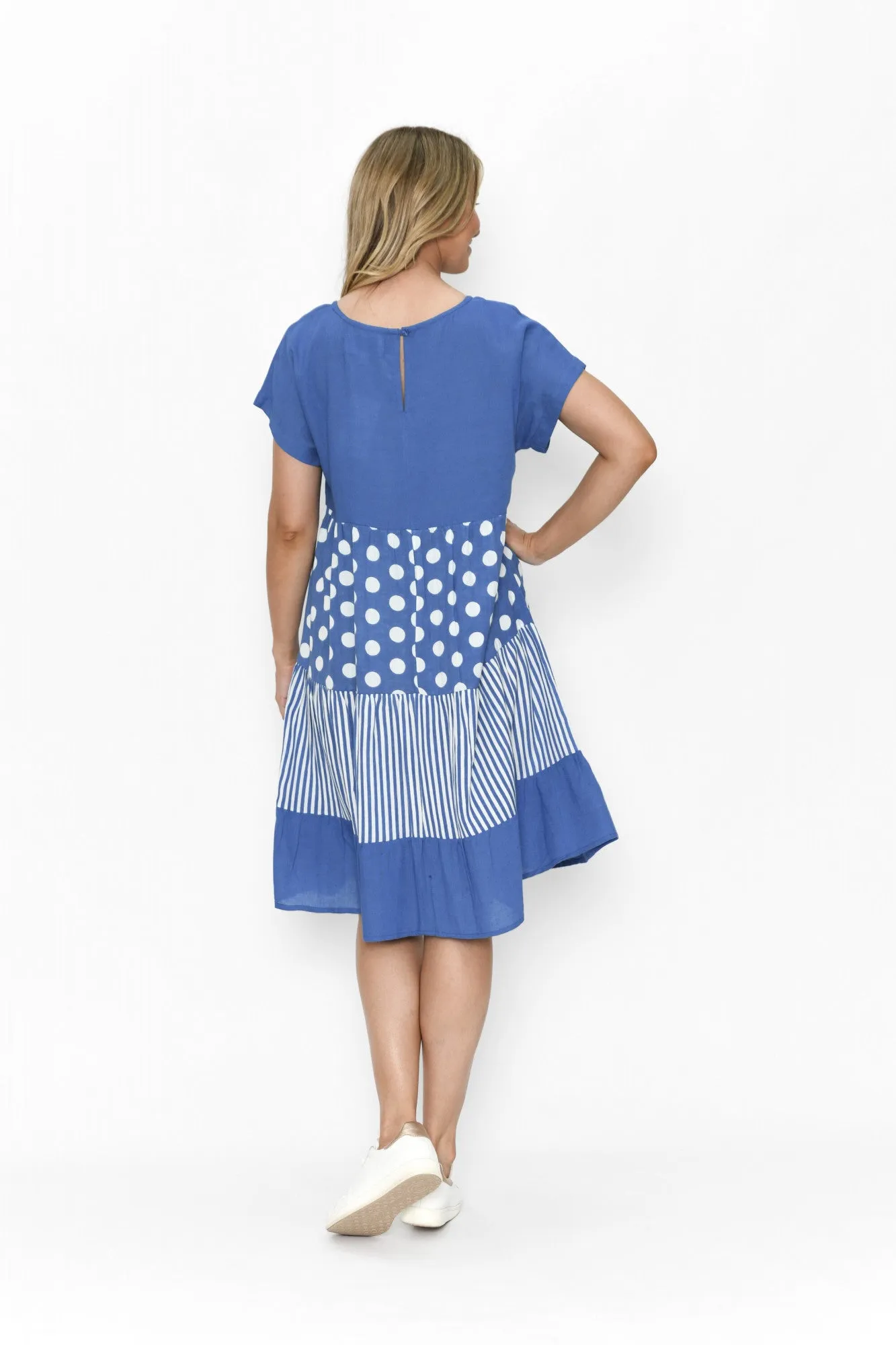 One Summer Nadia Linen Stipe/Dot Tiered Midi Blue 10