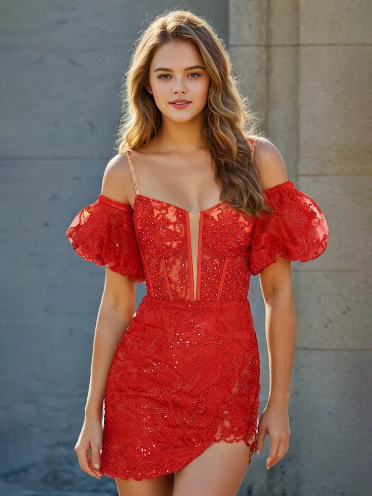 Red Off-the-shoulder Bubble Sleeves Mini Homecoming Dresses