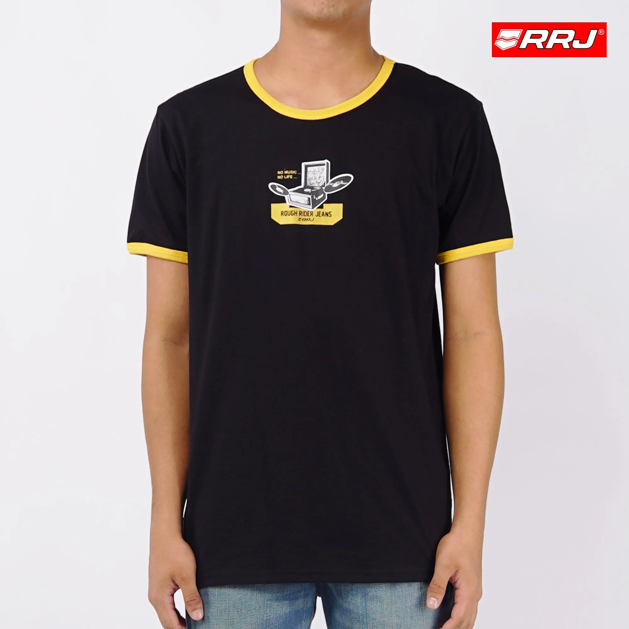 RRJ Basic Tees for Men Semi Body Fitting Shirt CVC Jersey Fabric 143806-U (Black)