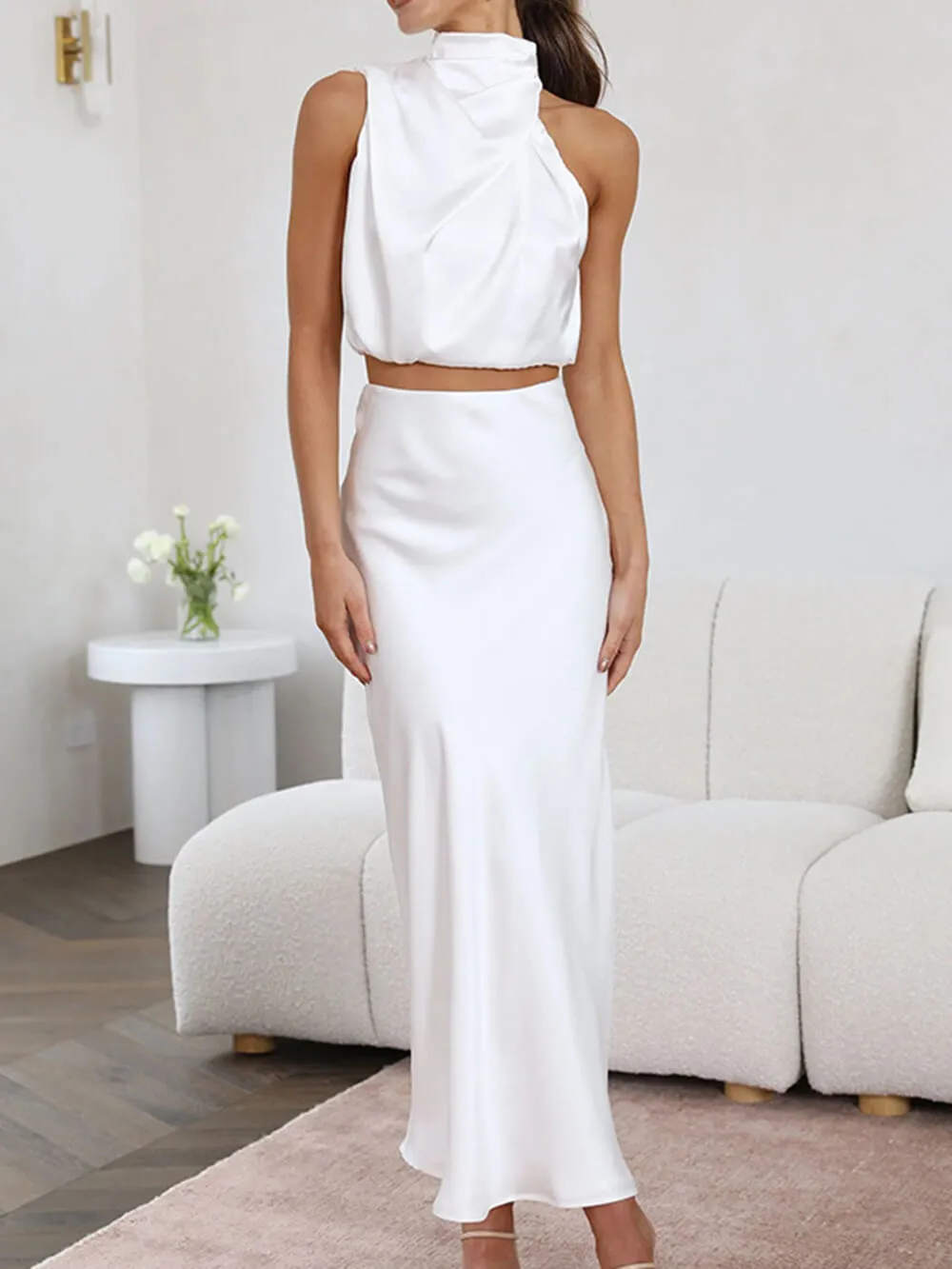 Satin Halter Crop Tank Top   Wrap Mini Skirt