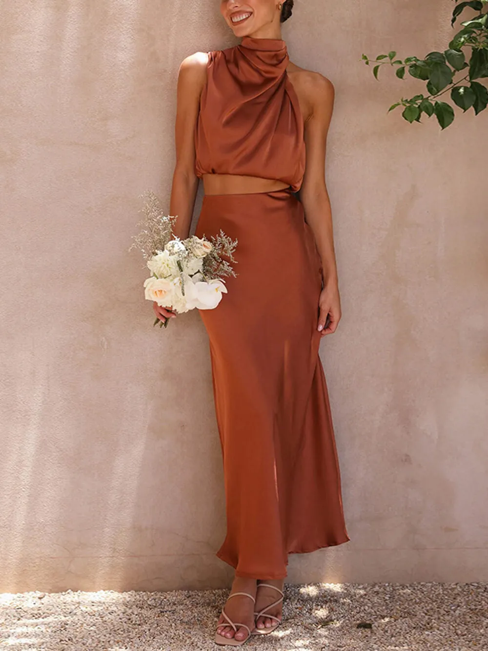 Satin Halter Crop Tank Top   Wrap Mini Skirt