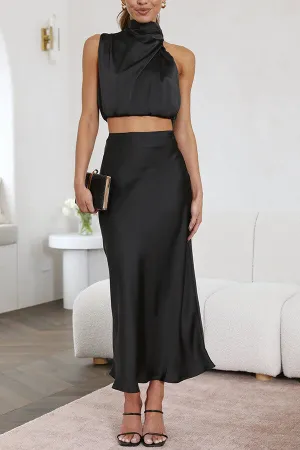 Satin Halter Crop Tank Top   Wrap Mini Skirt
