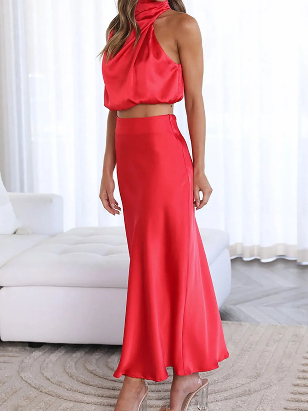 Satin Halter Crop Tank Top   Wrap Mini Skirt