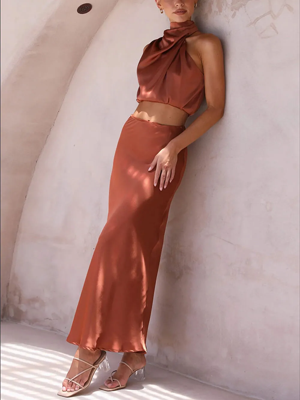 Satin Halter Crop Tank Top   Wrap Mini Skirt