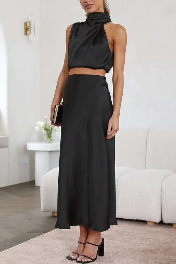 Satin Halter Crop Tank Top   Wrap Mini Skirt