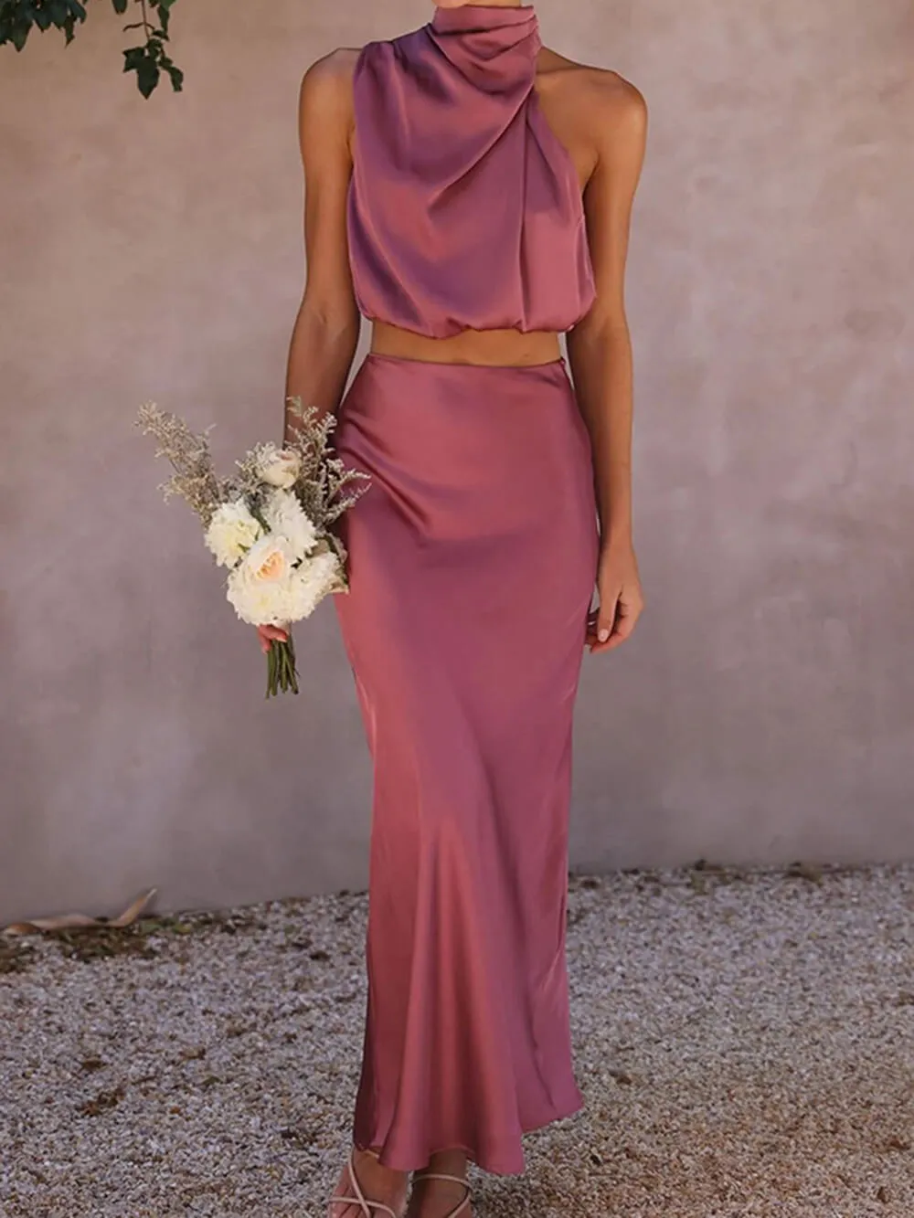 Satin Halter Crop Tank Top   Wrap Mini Skirt
