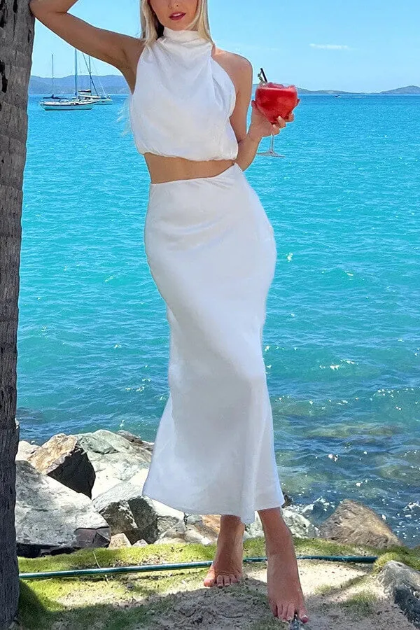 Satin Halter Crop Tank Top   Wrap Mini Skirt