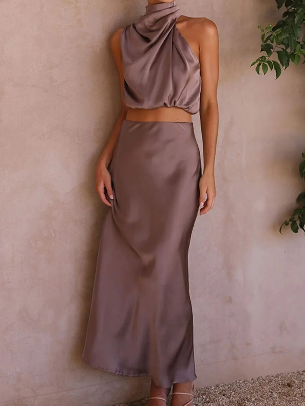 Satin Halter Crop Tank Top   Wrap Mini Skirt