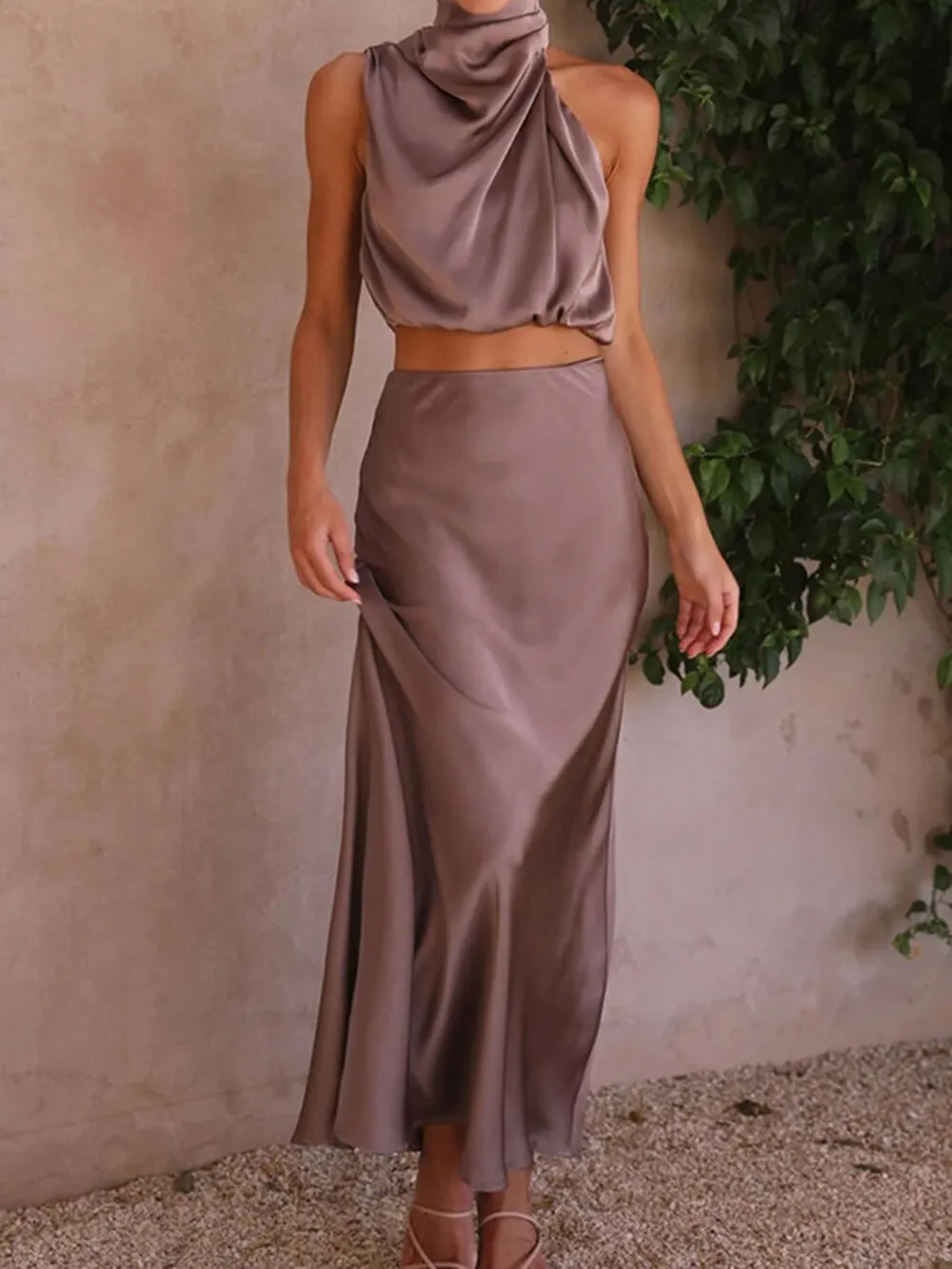 Satin Halter Crop Tank Top   Wrap Mini Skirt