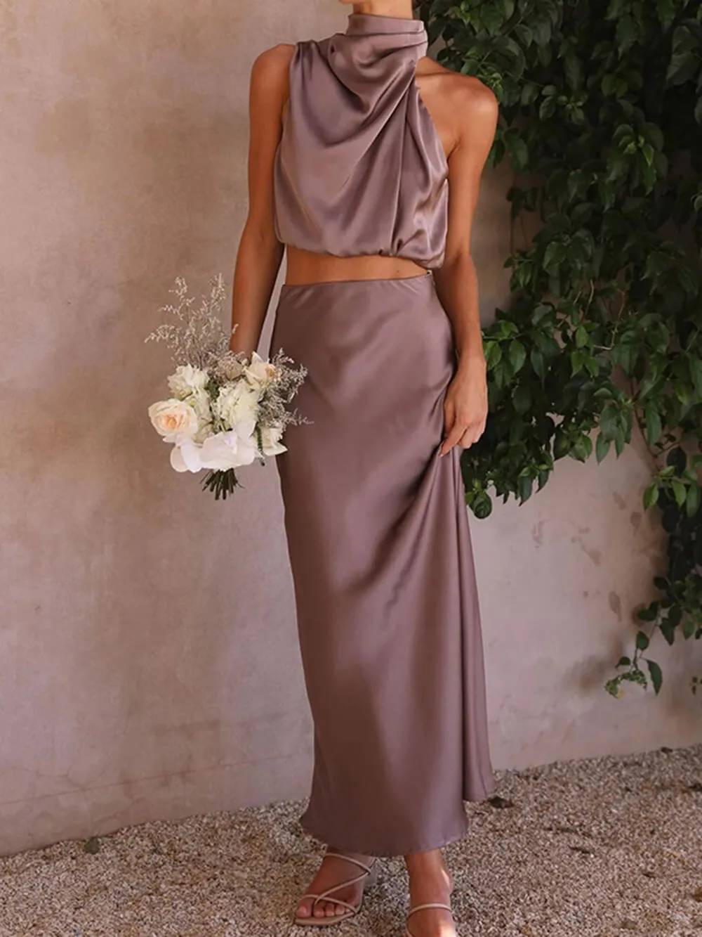 Satin Halter Crop Tank Top   Wrap Mini Skirt
