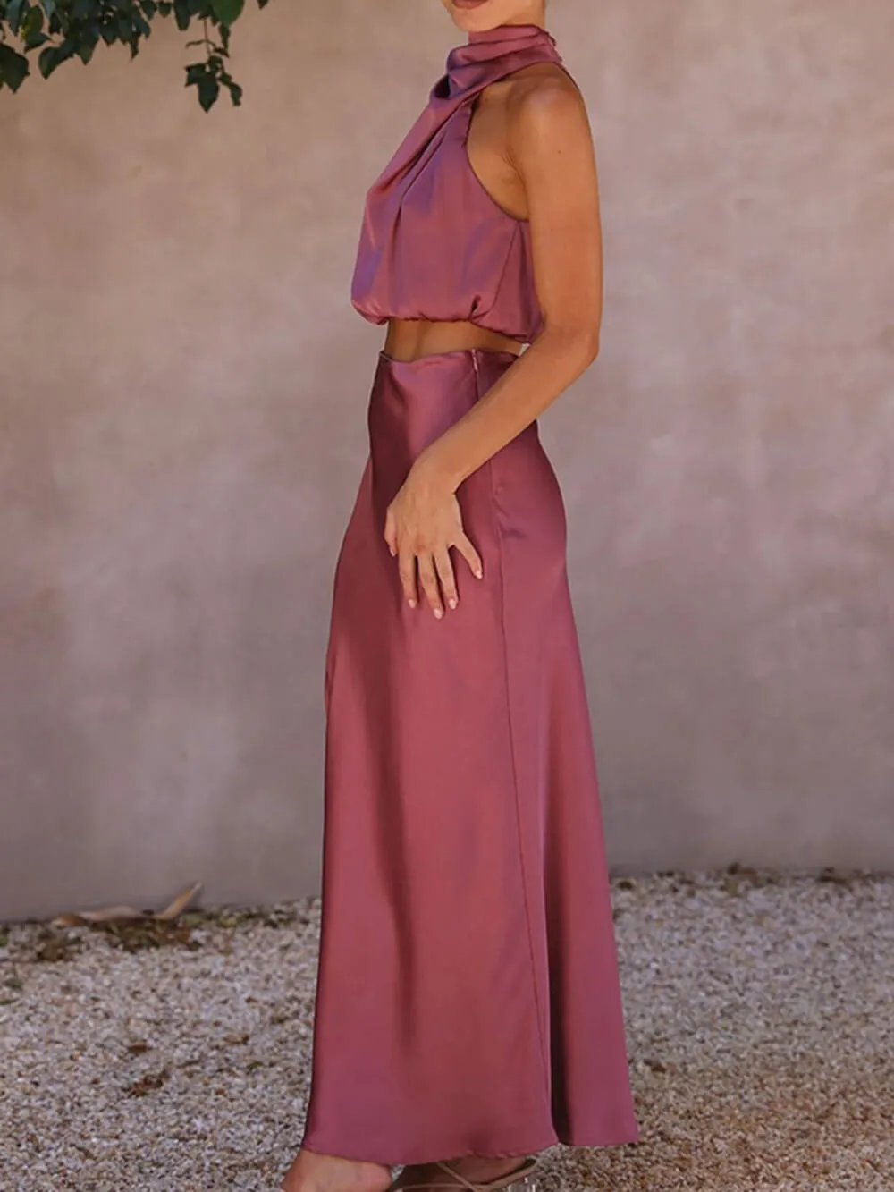 Satin Halter Crop Tank Top   Wrap Mini Skirt