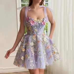 Tie Shoulder Ribbon 3D Floral Embroidery A-Line Mesh Dress