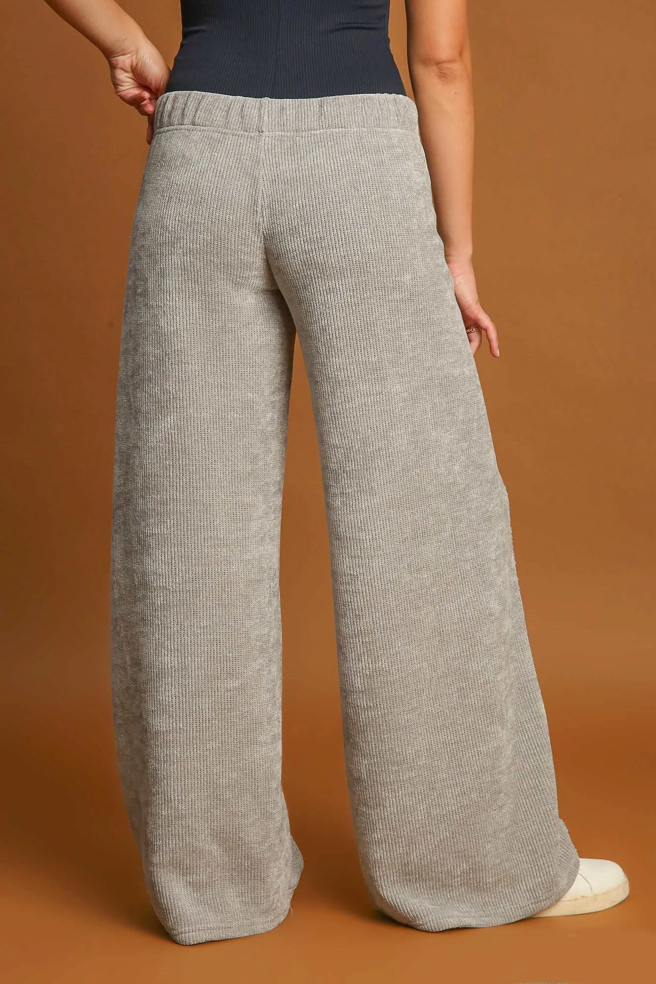 Umgee Light Gray Ribbed Elastic Waist Wide Leg Pants