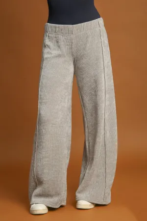 Umgee Light Gray Ribbed Elastic Waist Wide Leg Pants