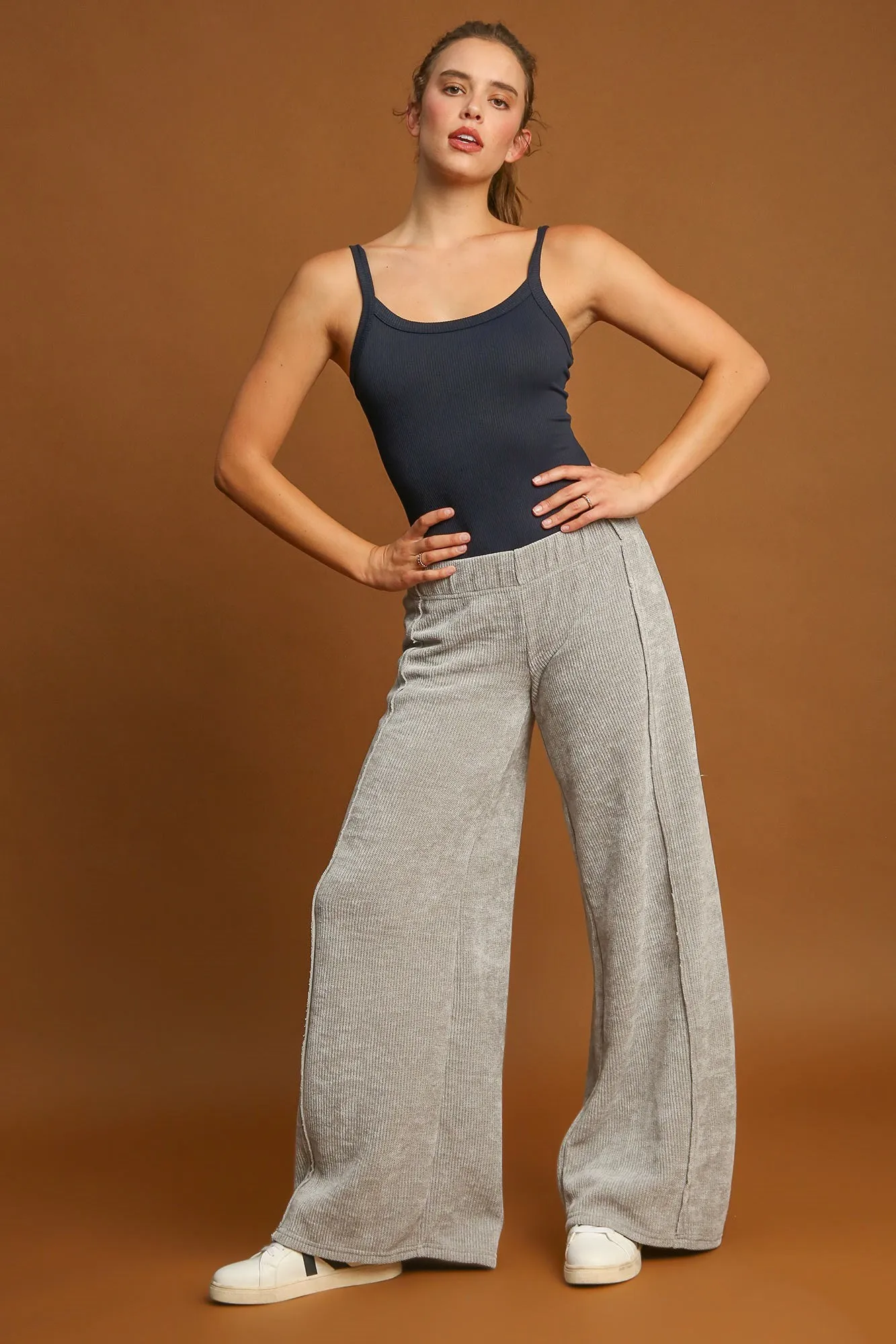 Umgee Light Gray Ribbed Elastic Waist Wide Leg Pants