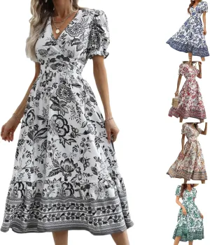 Womens 2025 Summer Floral Midi Dress Casual V Neck Puff Sleeve Flowy Sundress Boho Beach Vacation Dresses