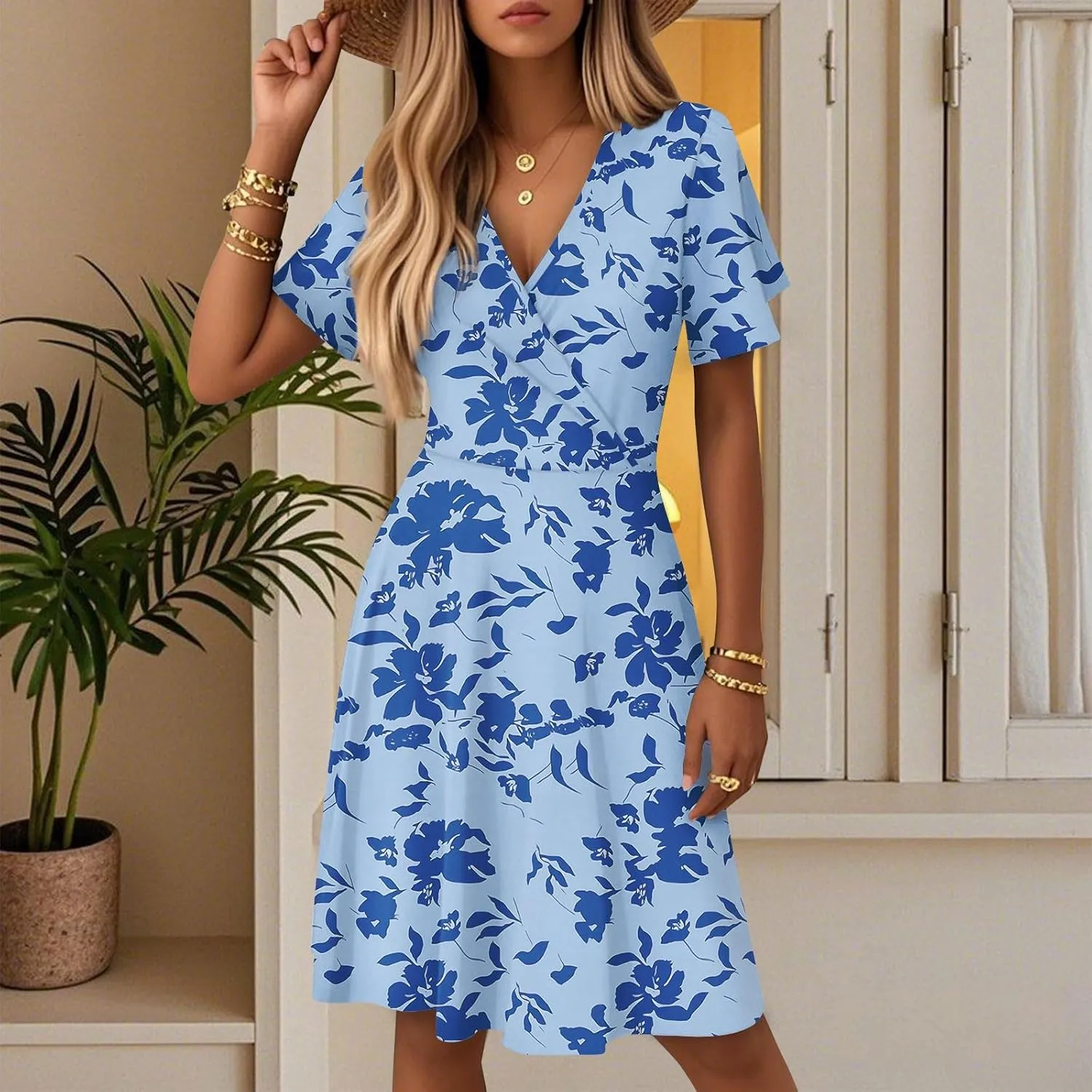 Womens Sundress 2025 Spring Summer Floral Outfits Beach Vacation Clothes Short Sleeve Wrap V Neck A-Line Knee Length Dress