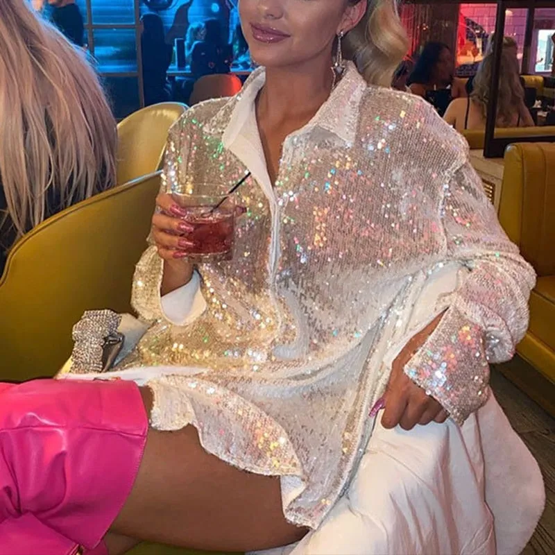 Xakxx - Women's Casual Party Glitter Shiny Blouse Full Sleeve Turn-down Collar Stylish Spring Sexy Sequin Loose Shirts Club Outfits