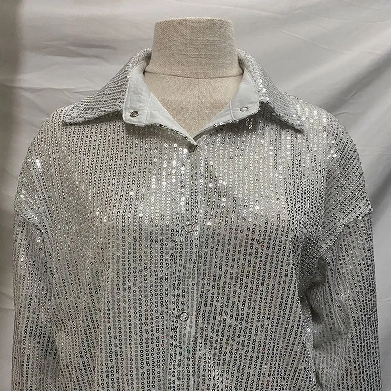 Xakxx - Women's Casual Party Glitter Shiny Blouse Full Sleeve Turn-down Collar Stylish Spring Sexy Sequin Loose Shirts Club Outfits