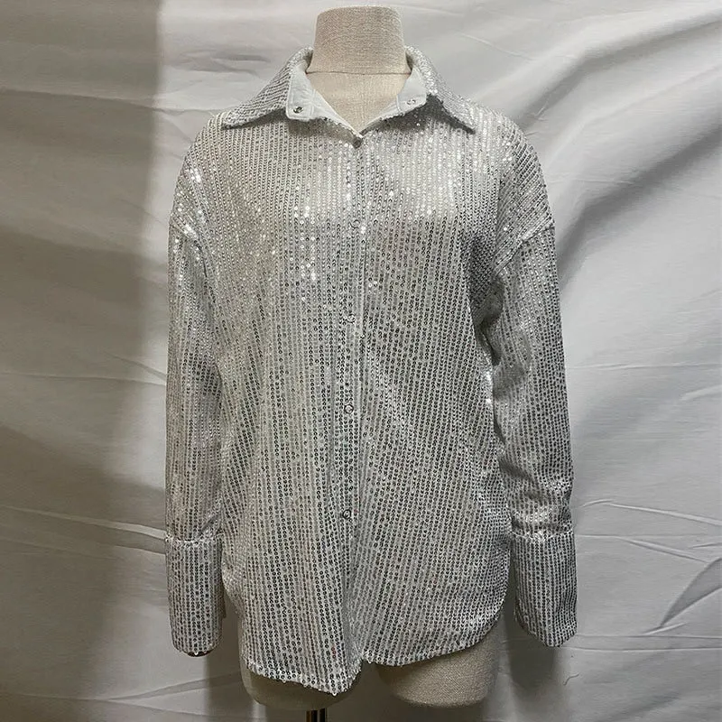 Xakxx - Women's Casual Party Glitter Shiny Blouse Full Sleeve Turn-down Collar Stylish Spring Sexy Sequin Loose Shirts Club Outfits